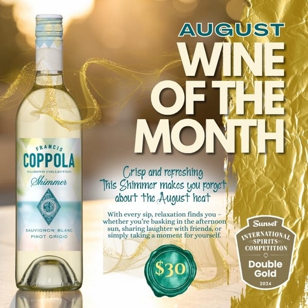 Francis Coppola Shimmer white wine bottle, August Wine of the Month, on a shimmering golden background.