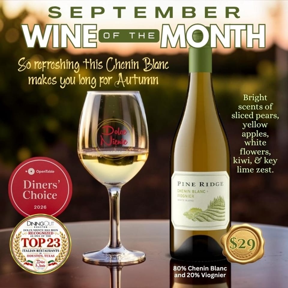 Promotional graphic featuring a glass and bottle of Pine Ridge Chenin Blanc and Viognier, priced at $29, with autumn tasting notes.