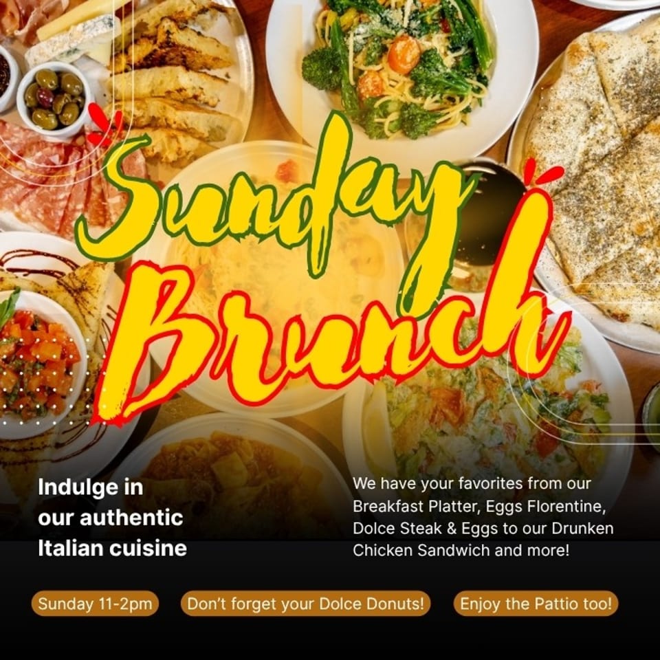 Promotional graphic featuring assorted Italian brunch dishes with colorful “Sunday Brunch” lettering and restaurant event details.